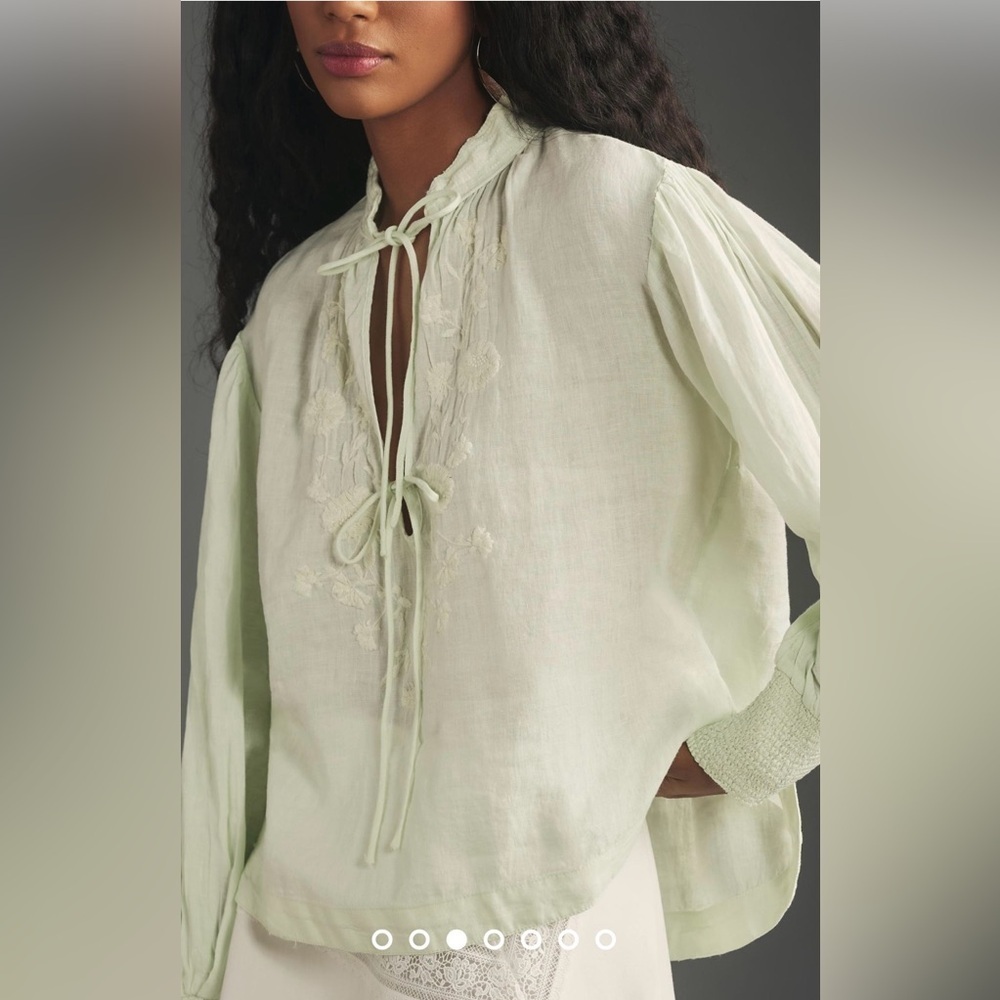 NWT Size L - By Anthropologie 100% Linen Long-Sleeve Blouse (Color Mint)